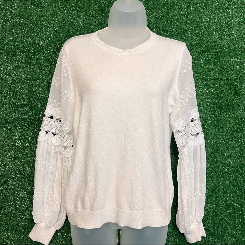 Sioni White Boxy 3/4 Sleeve Embellished Bohemian Sweater Bell Sleeve Crochet - Picture 2 of 8